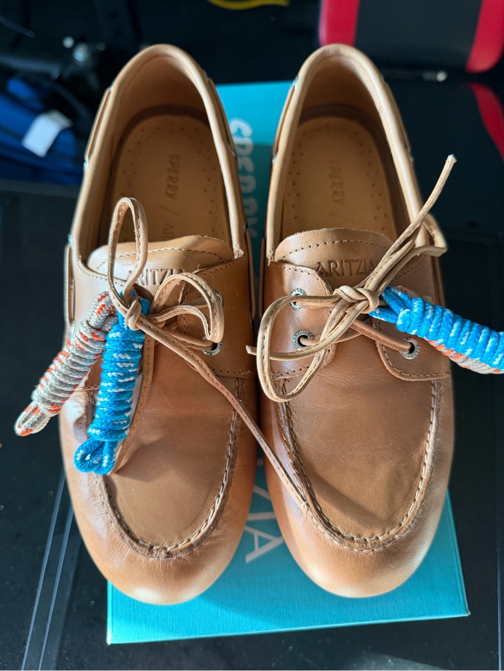 Aritzia Tan Leather Boat Loafers with Blue Accent